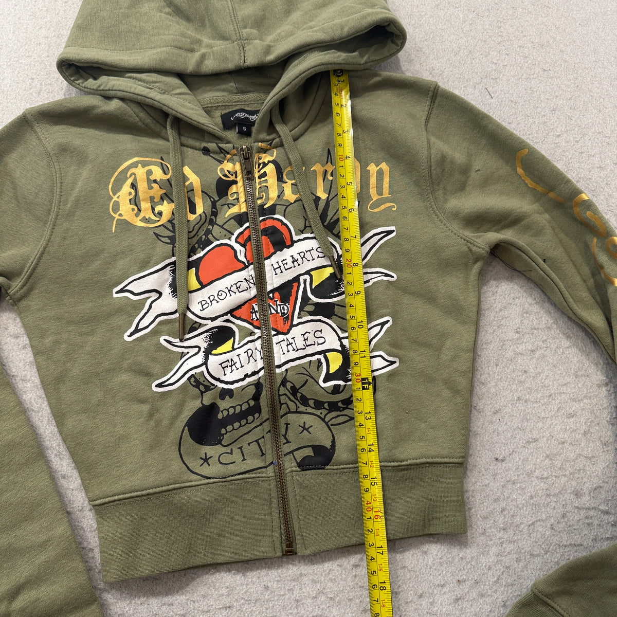 Ed Hardy Broken Hearts Cropped Zip Up Hoodie Olive Size S photo 5