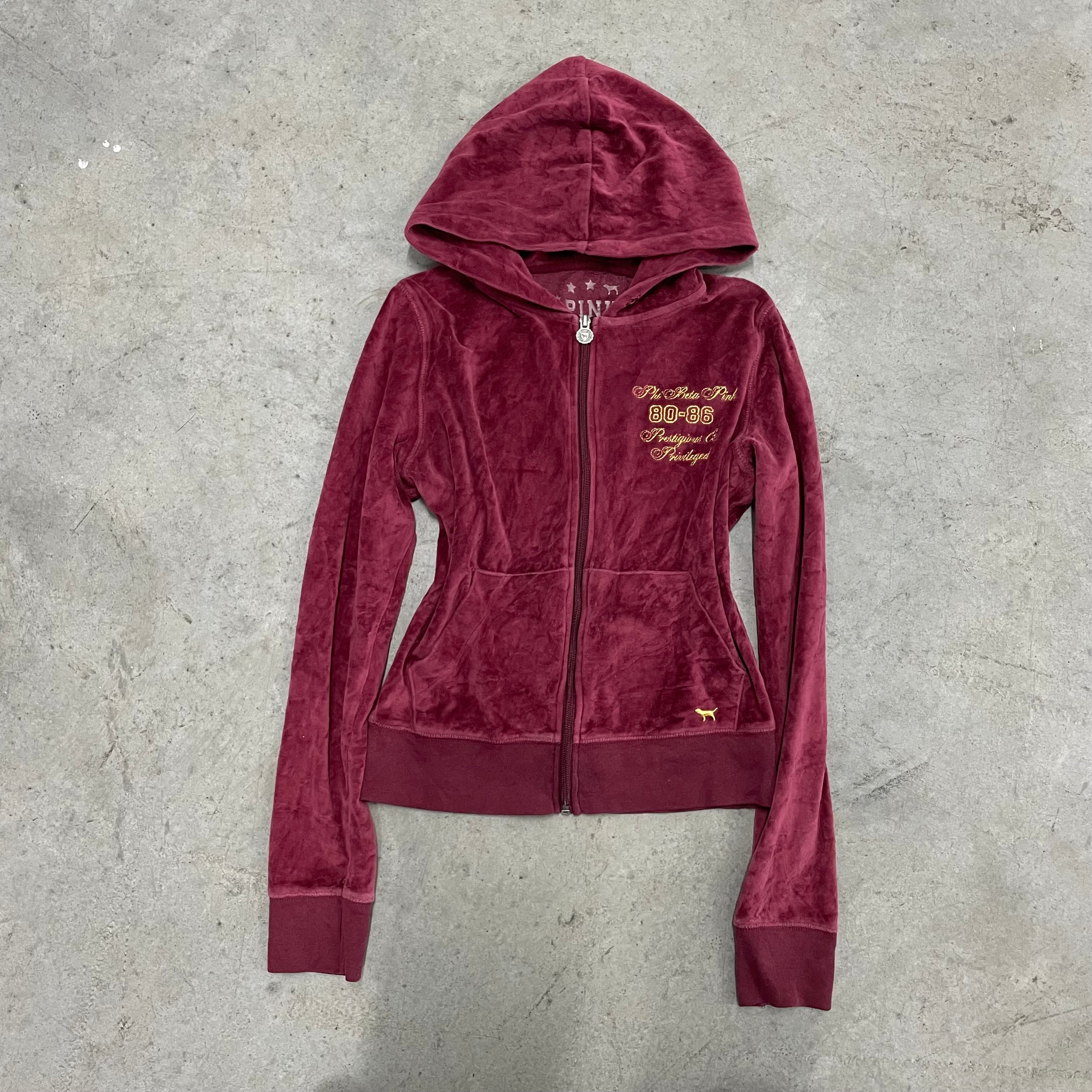 Vintage Victoria’s Secret PINK Burgundy Velour Hoodie with Embroidered Back Logo Size S