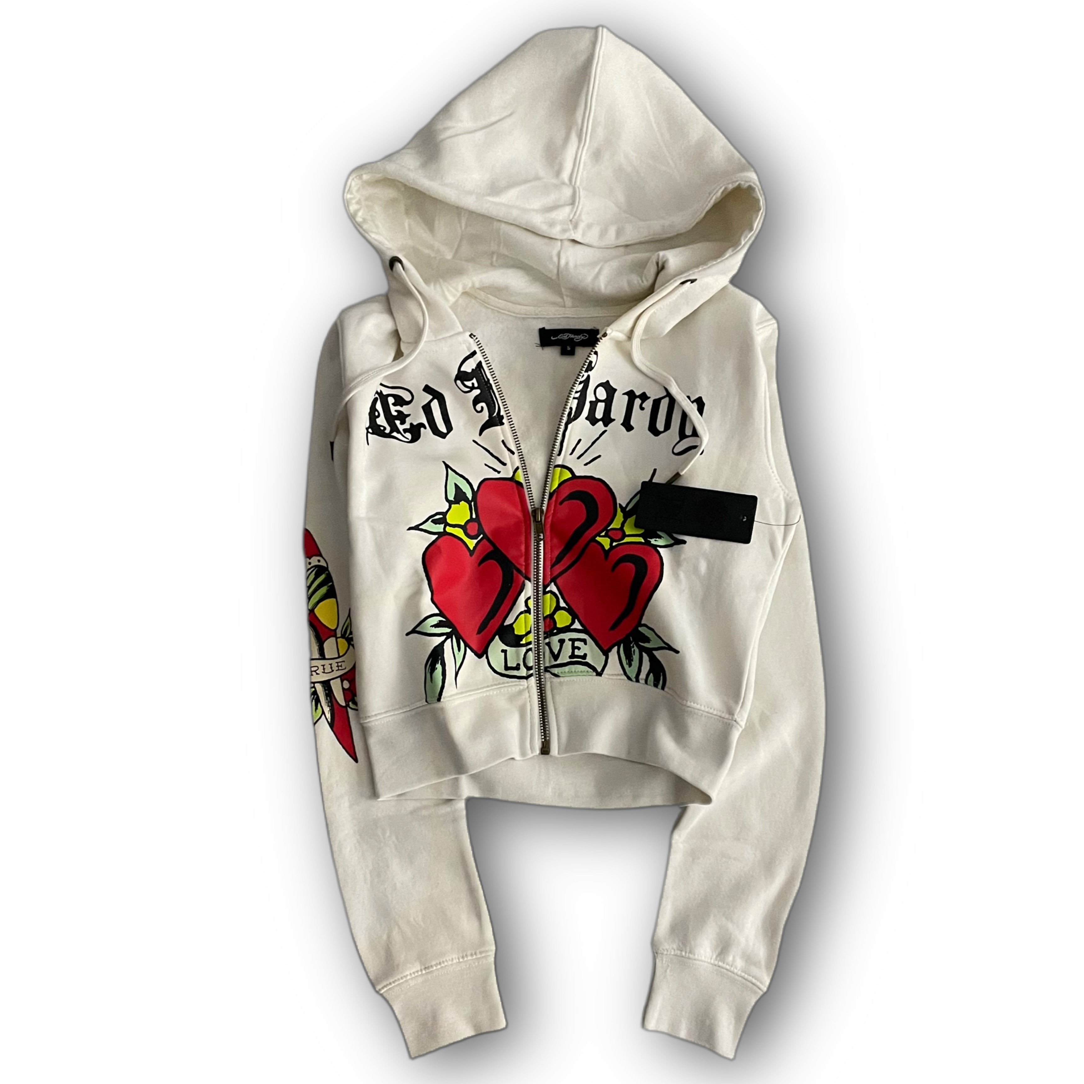 ED HARDY “triple hearts” stone cropped zip up hoodie