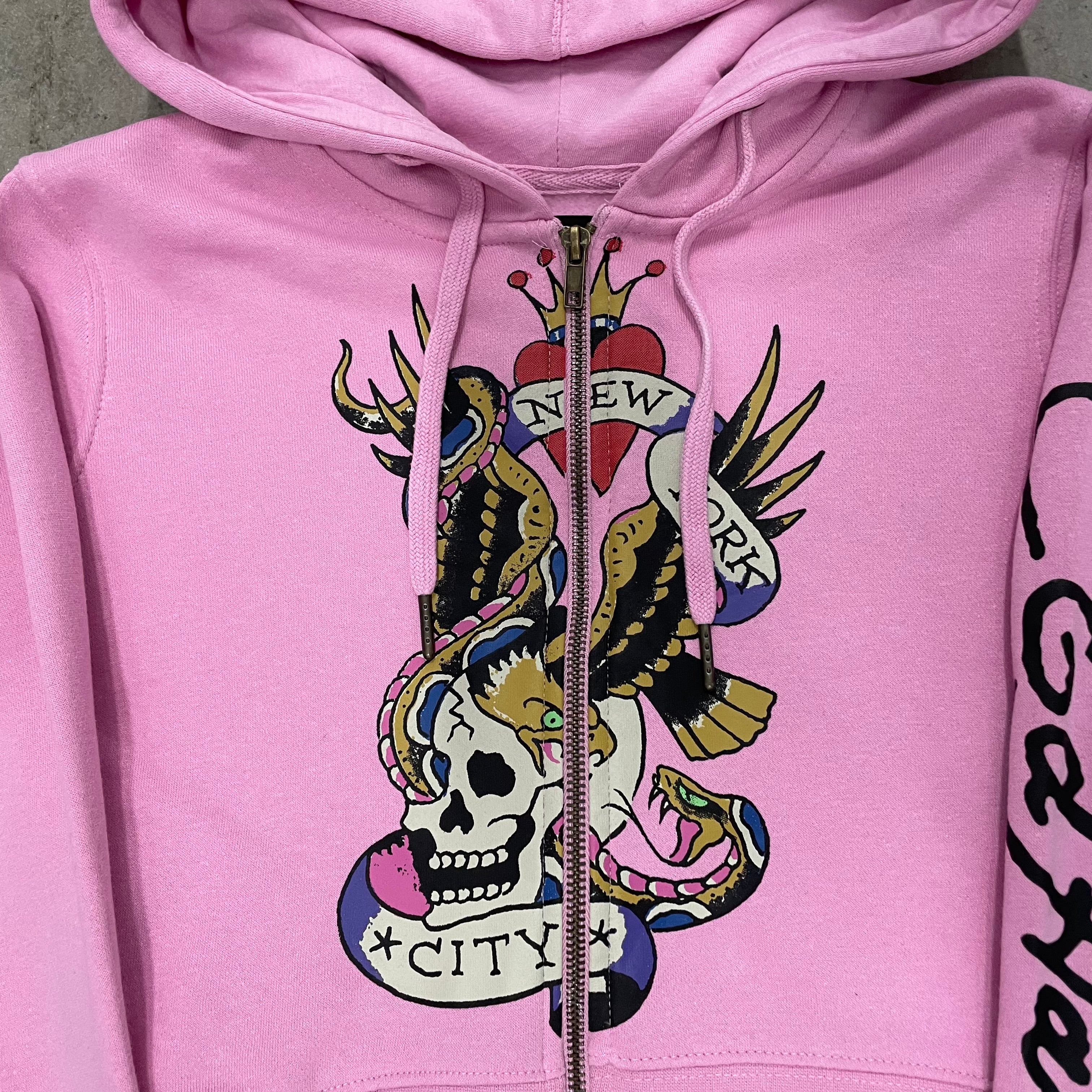 ED HARDY “Flying Skull” PINK CROPPED ZIP UP HOODIE