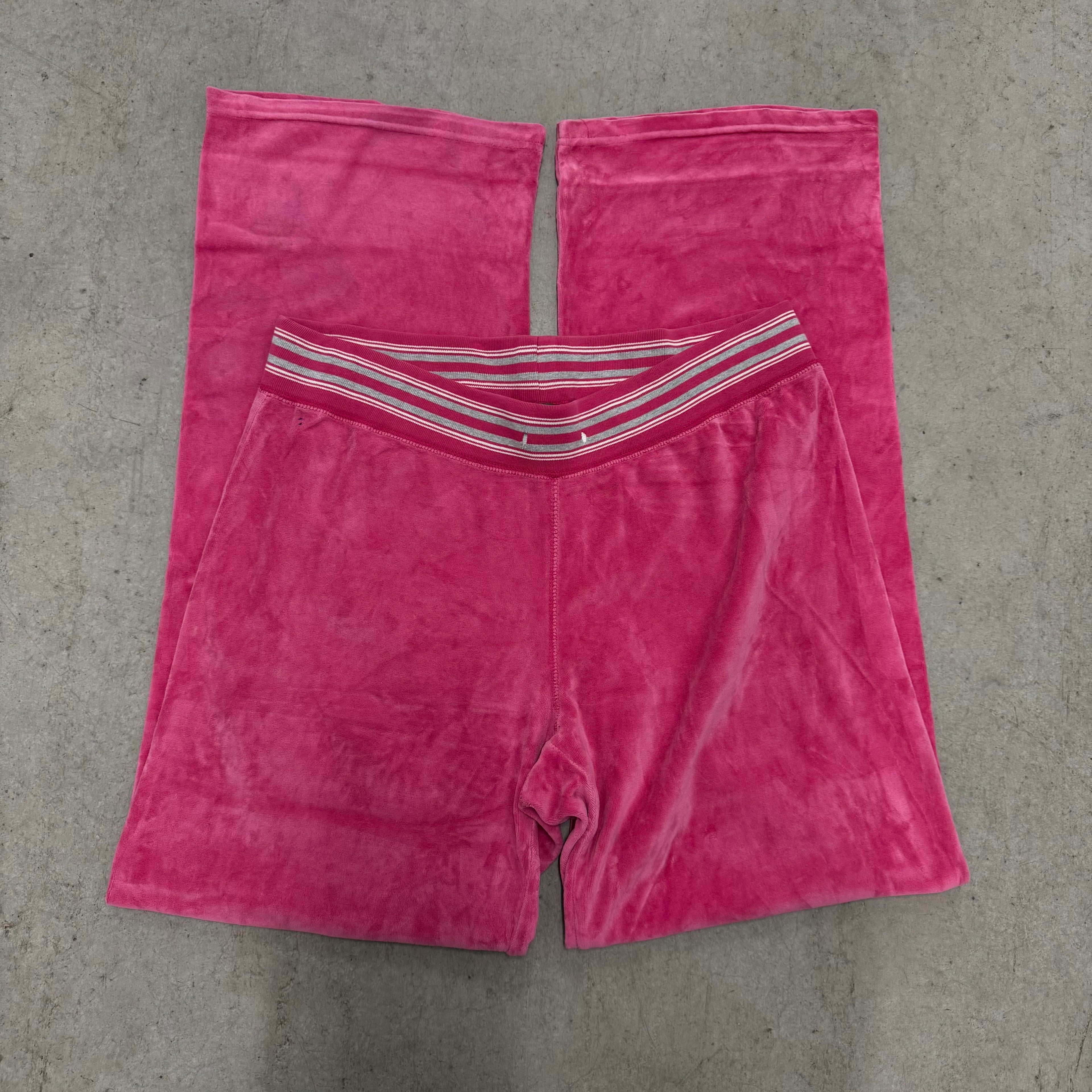 Pink VINTAGE Velour Juicy Couture Flared Pants w/ Rare Unique Waist Band SIZE M