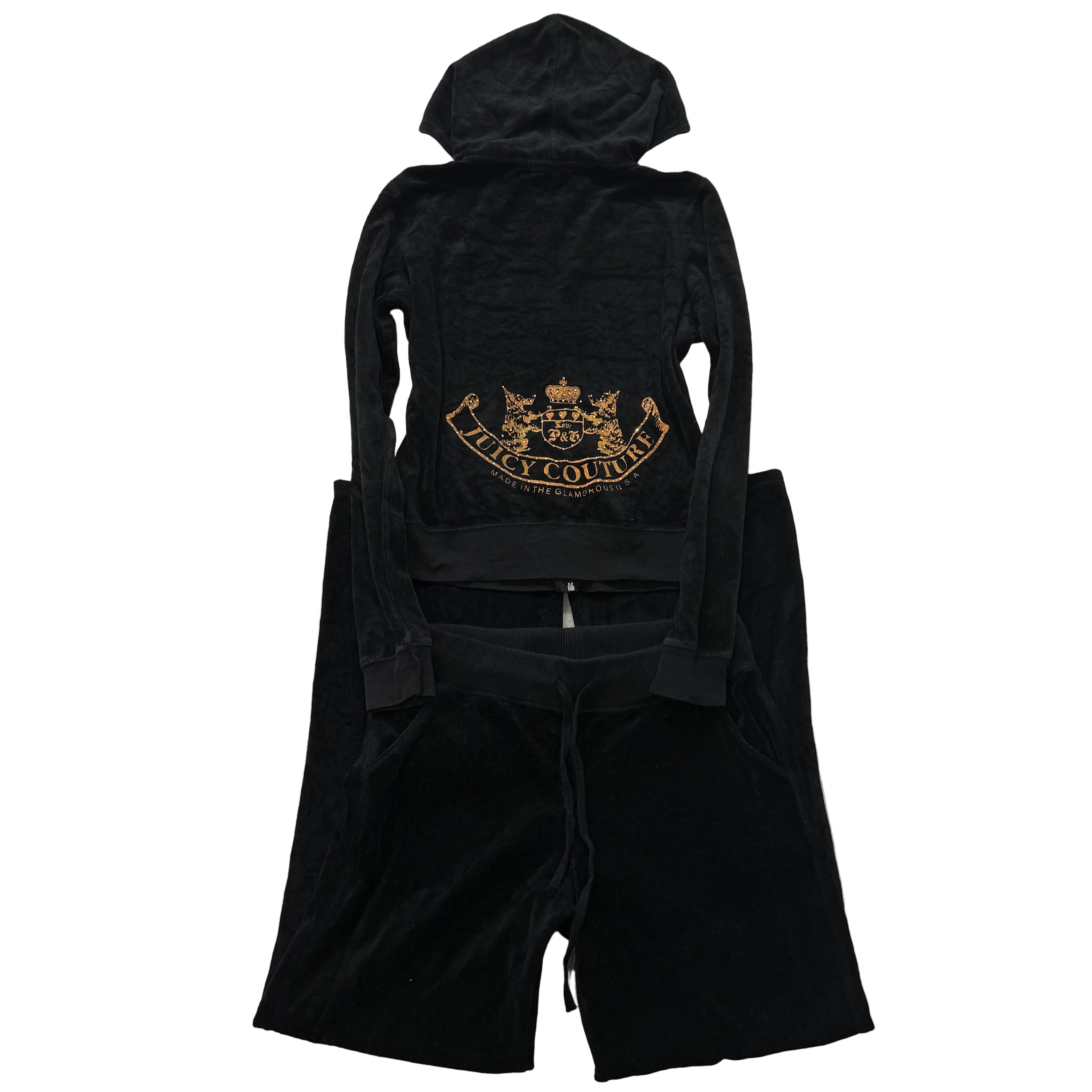 Vintage Juicy Couture Black Velour Tracksuit Set Zip Up Hoodie & Pant Y2K Size S