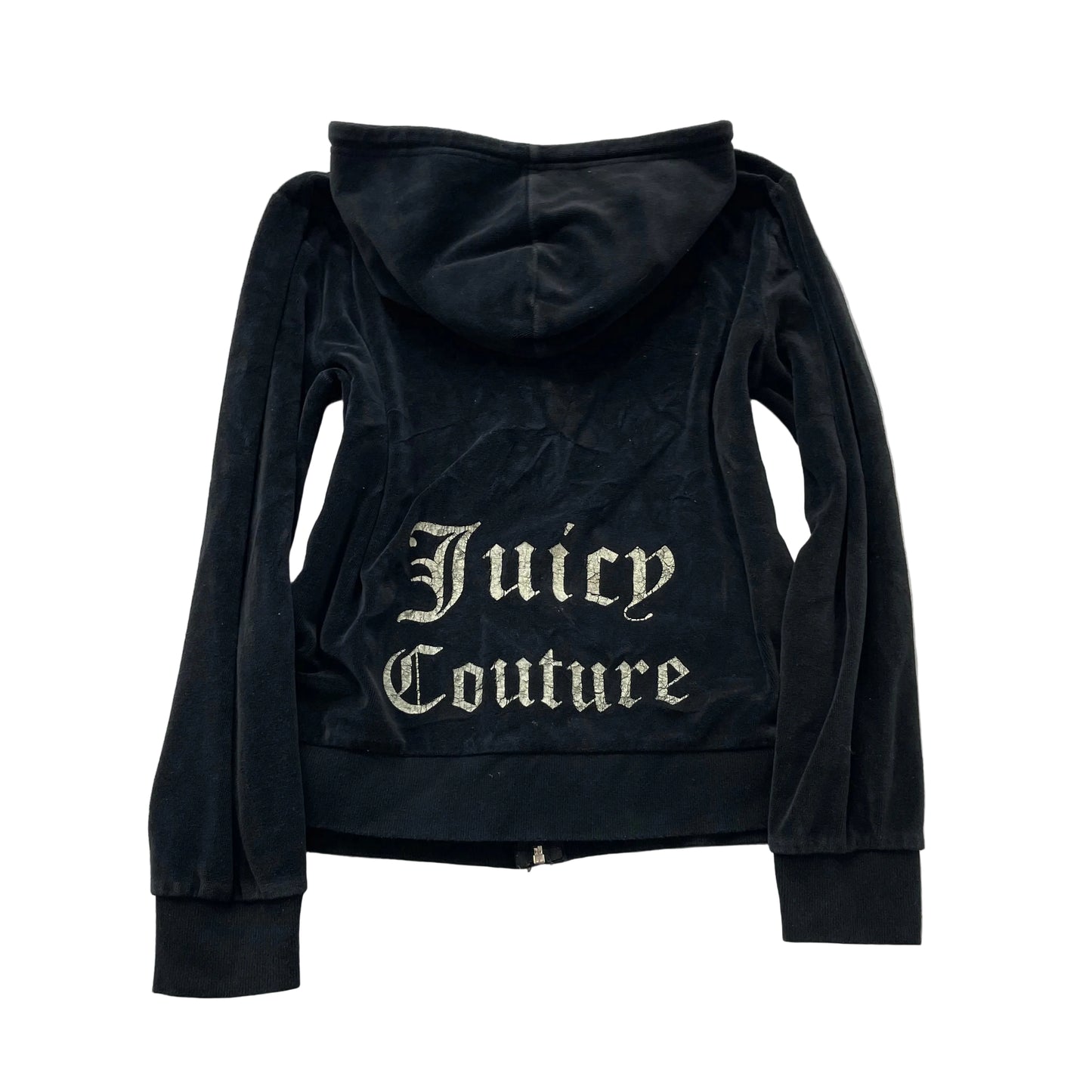 Vintage Juicy Couture Womens Black Velour Zip-Up Hoodie Drawstring Pocket Size L