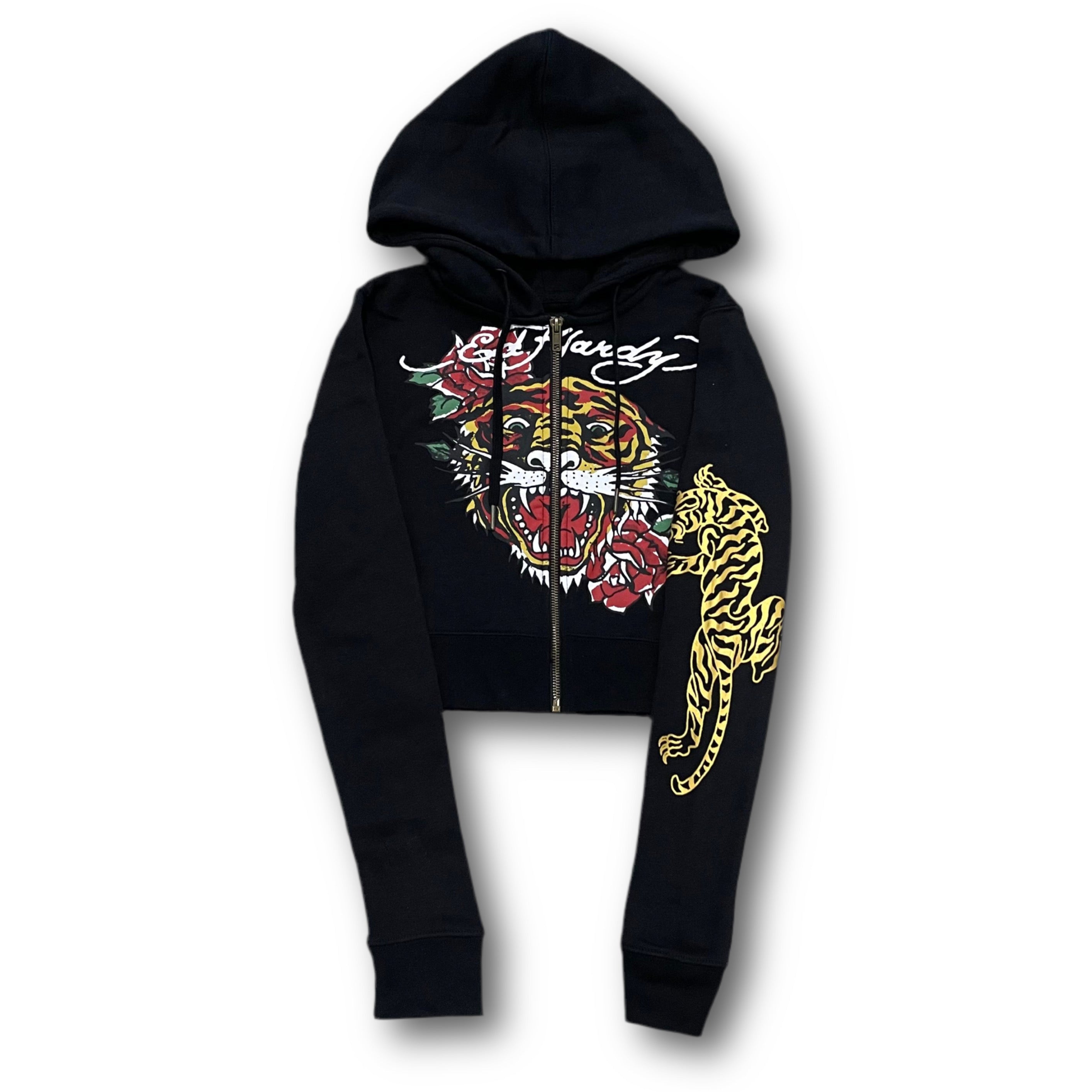ED HARDY “tiger roar” black cropped zip up hoodie