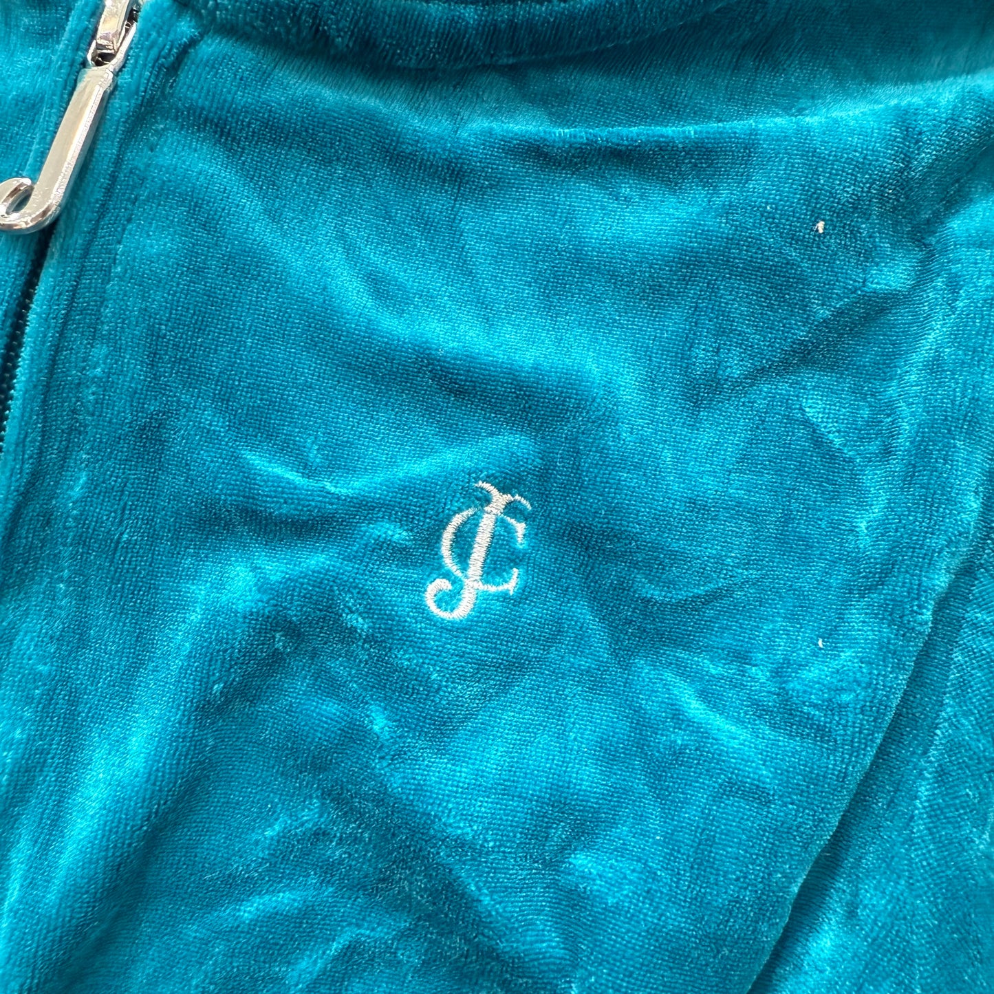 Juicy Couture Women's Turquoise Blue Velour Zip Up Hoodie Ruched Hem Logo Size L