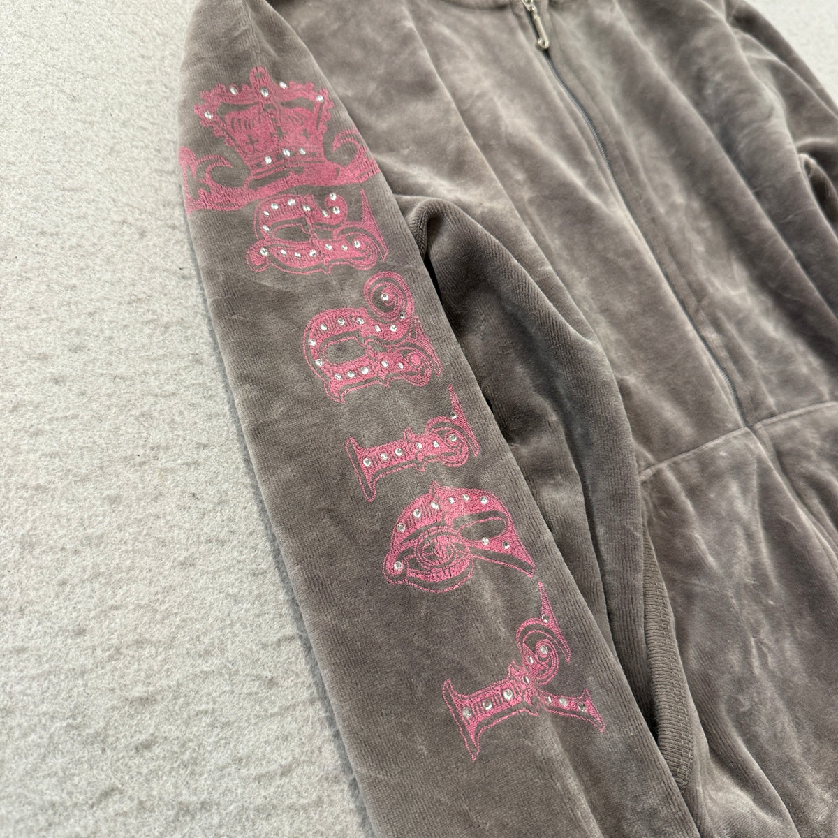 Juicy Couture Womens Grey Velour Zip-Up Hoodie Pockets Rhinestone Graphic Size M