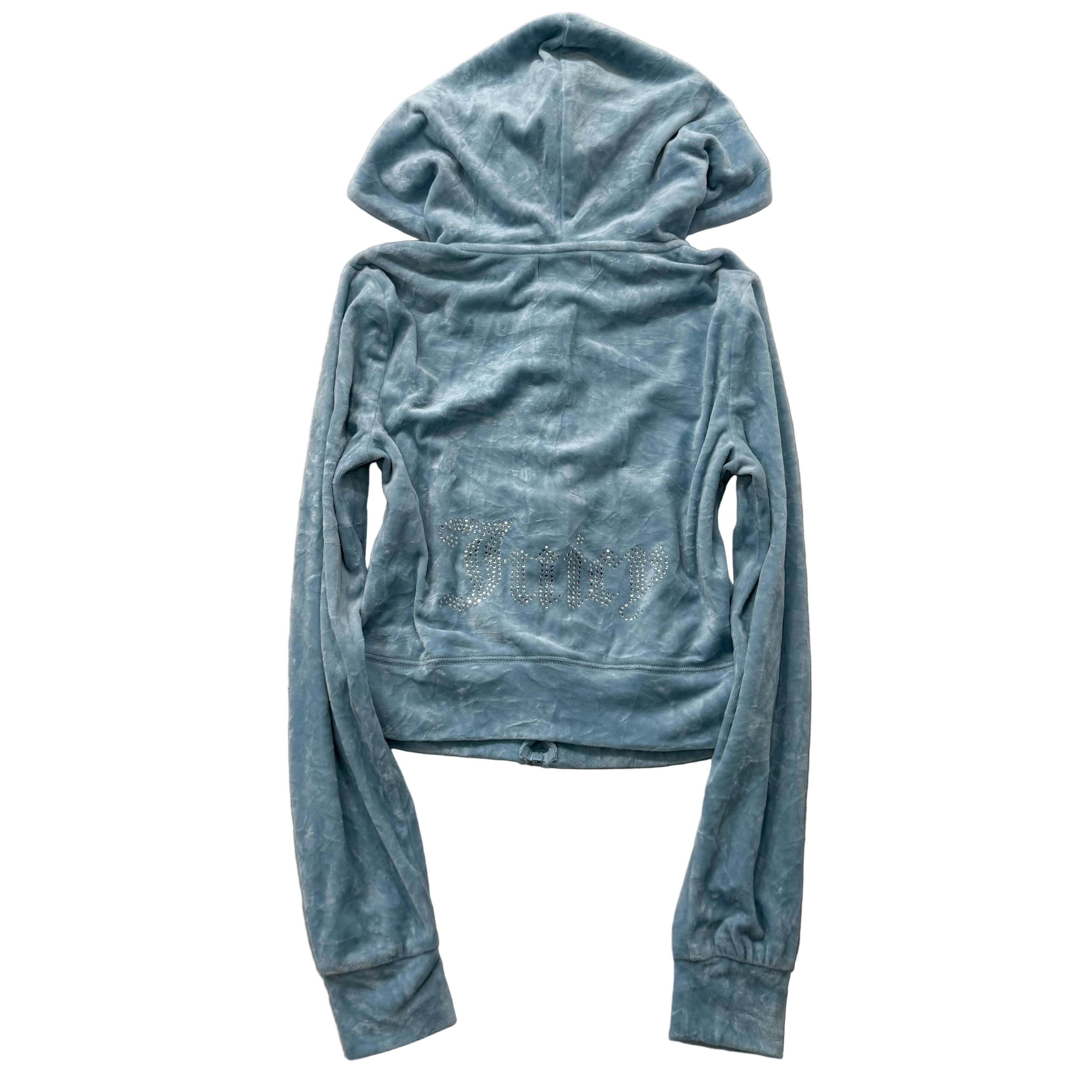 Juicy Couture Women's Ice Blue Velour Full Zip Hoodie Rhinestone Logo Size XS