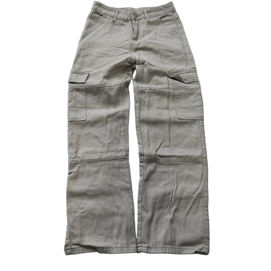 Men's Light Grey Cargo Pants Wide Leg Flap Pockets ZIp-Fly Size W28