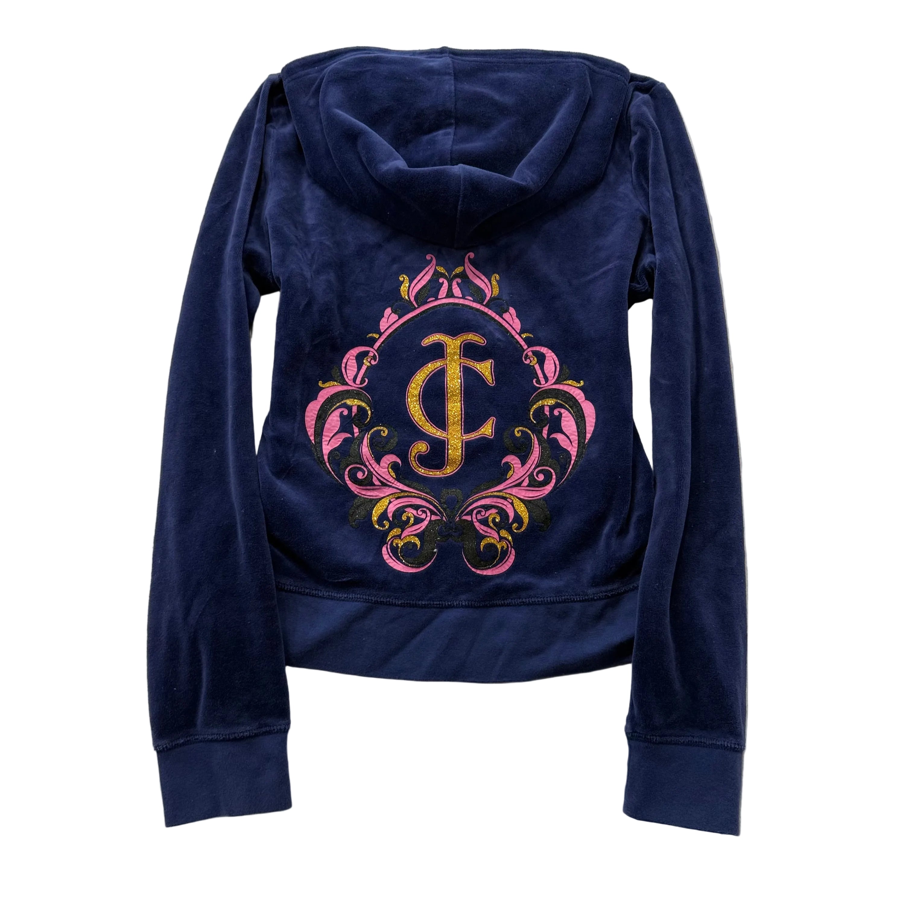 Juicy Couture Women's Navy Velour Zip-Up Hoodie Back Crest Graphic Logo Size XL