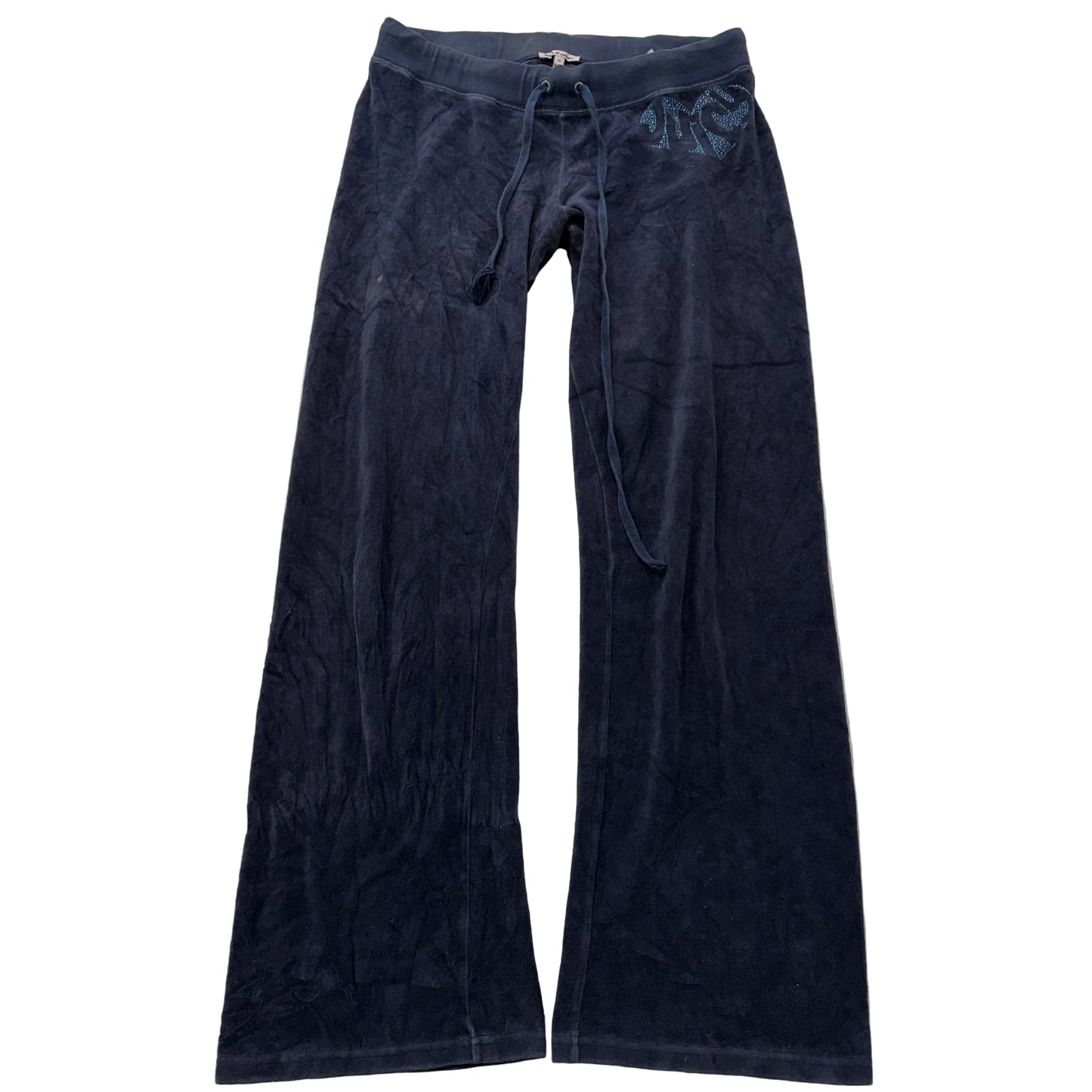 Juicy Couture Women's Navy Blue Velour Flared Track Pant Rhinestones Logo Size M