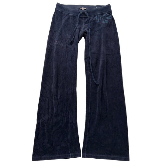Juicy Couture Women's Navy Blue Velour Flared Track Pant Rhinestones Logo Size M