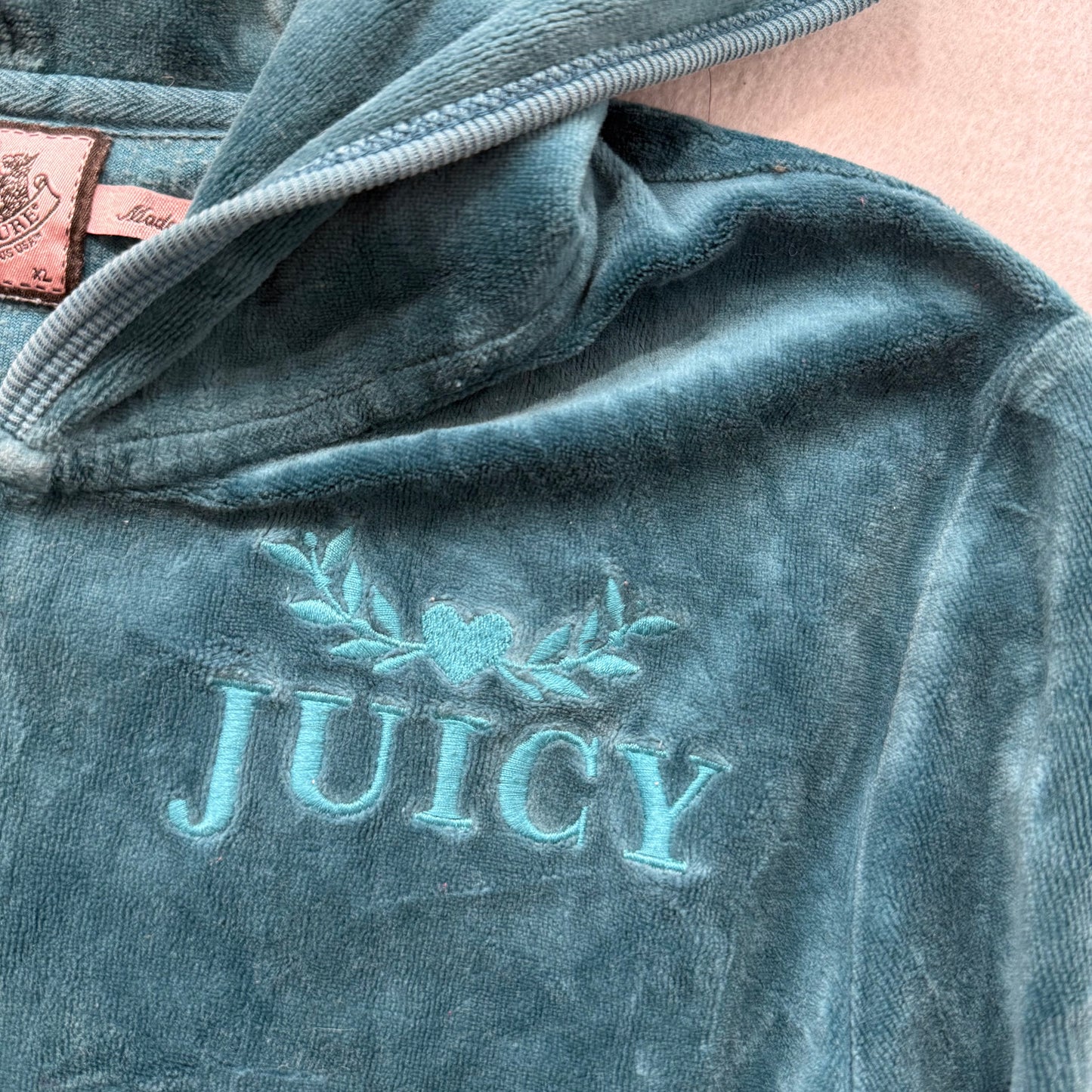 Juicy Couture Women's Dark Teal Velour Zip Up Hoodie Embroidered Logo Size XL