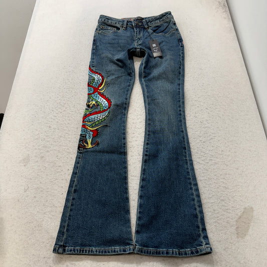 Ed Hardy Embroidered Dragon Women's Blue Flare Denim Jeans Tattoo Print Size 24