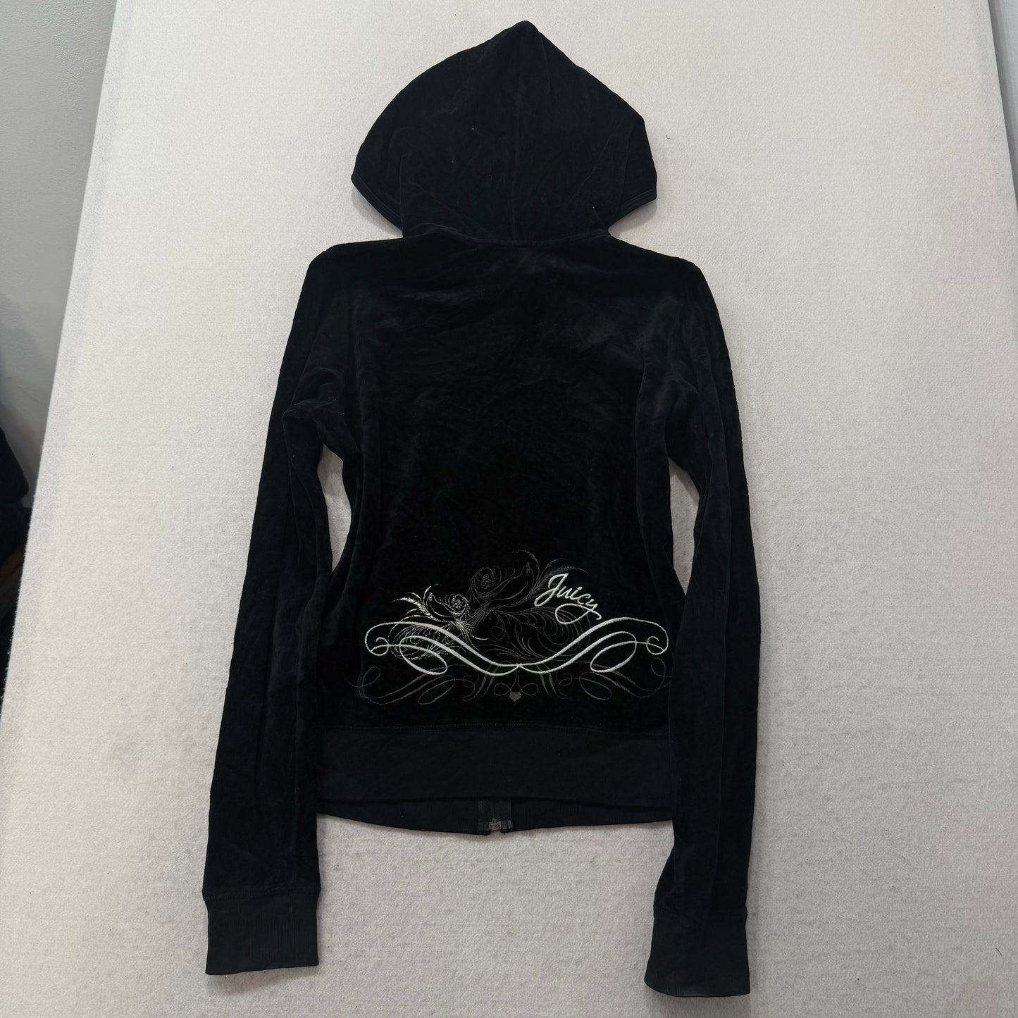 Juicy Couture Black Velour Tracksuit Set Zip Up Hoodie & Flared Pant Logo Size L