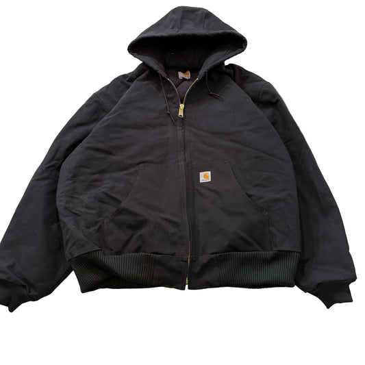 VTG Carhartt Men Black Canvas Duck Hooded Active Jacket Loose Fit USA Made - 2XL
