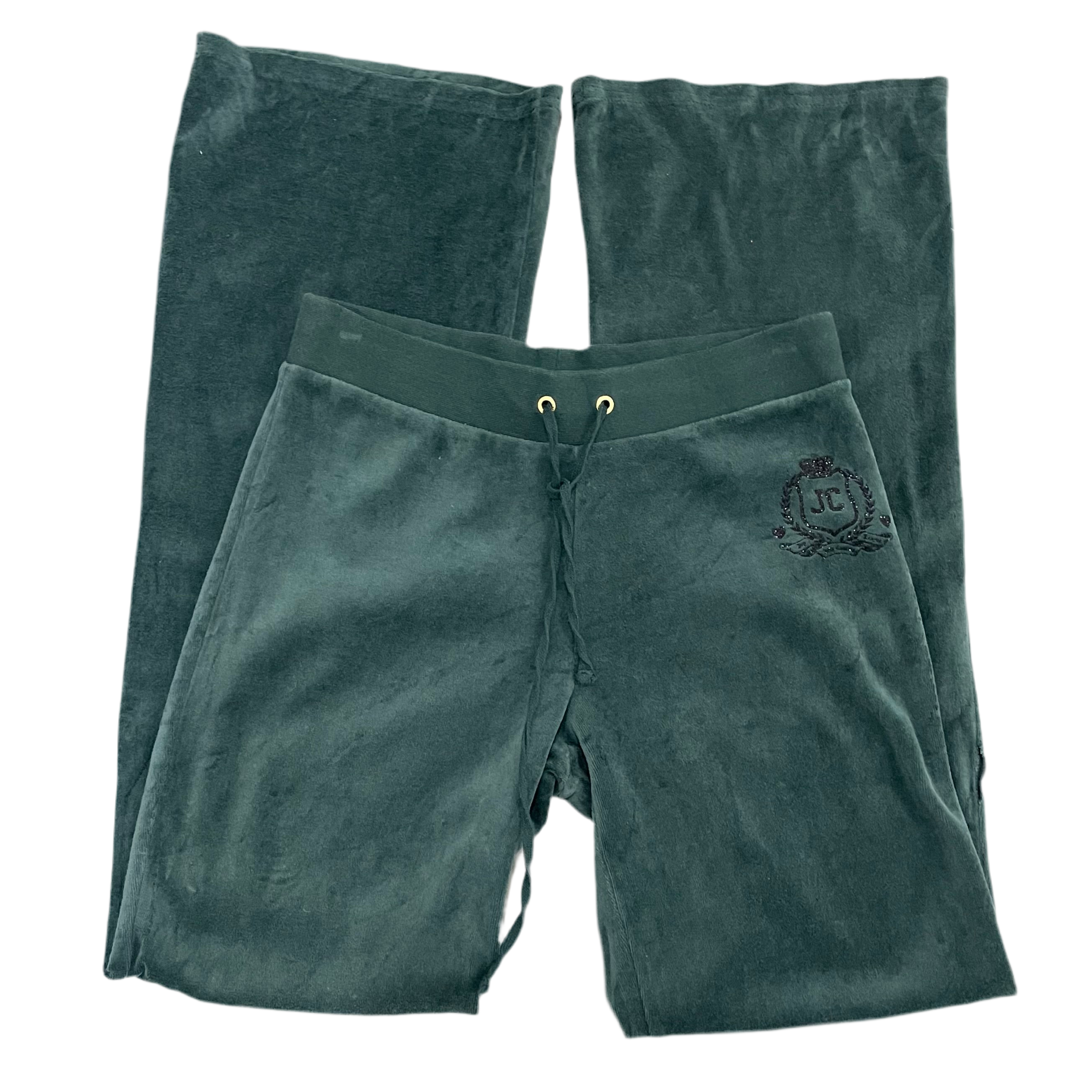 Vintage Juicy Couture Dark Green Velour Crest Logo Pants Size S
