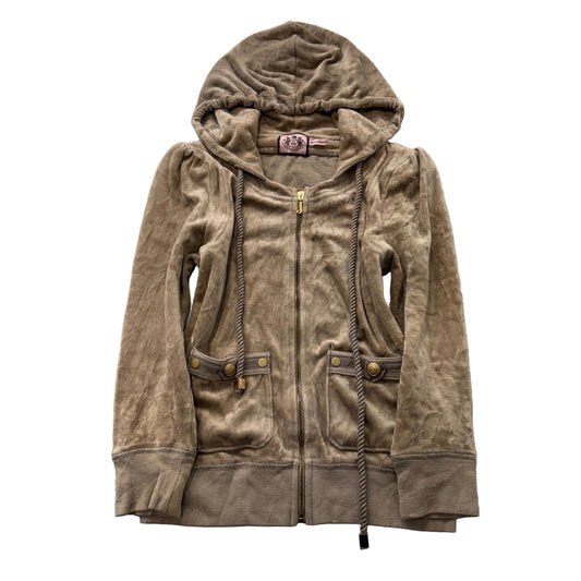 VTG Juicy Couture Women Camel Zip-Up Hoodie Patch Pockets Rope Drawstring Size S