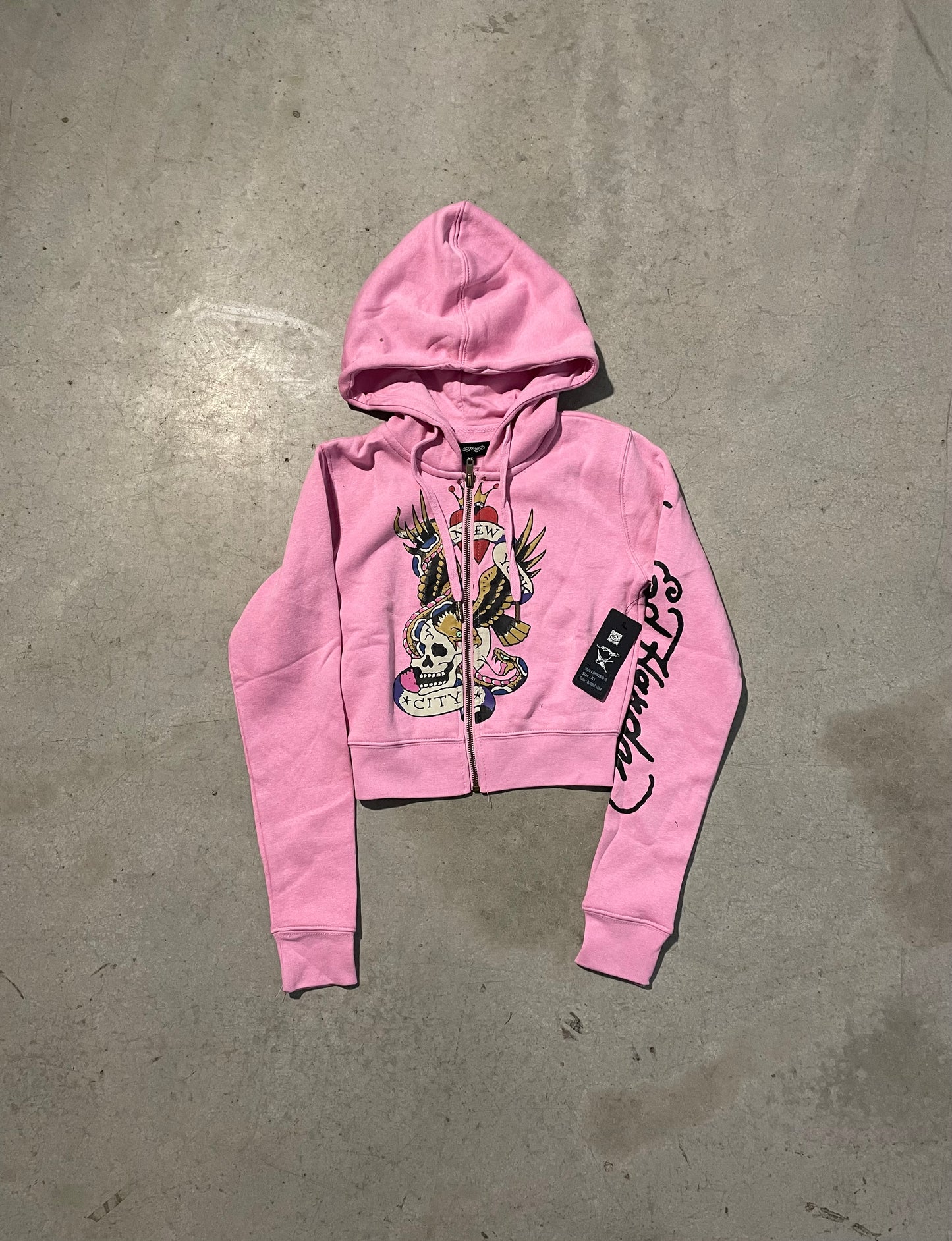 Ed Hardy “Flying Skull” Pink Crop Zip Up Hoodie