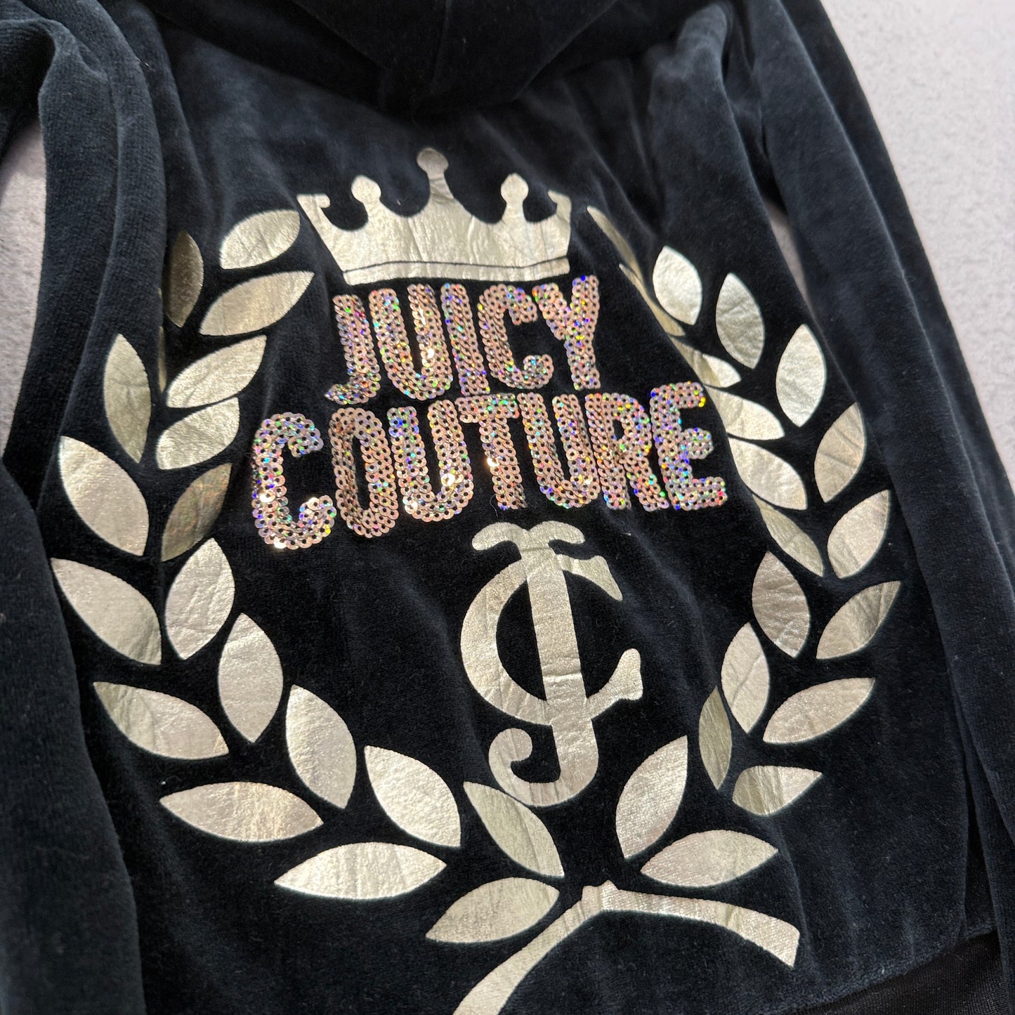 Juicy Couture Womens Black Velour Zip-Up Hoodie Pockets Rhinestone Crest Size XS