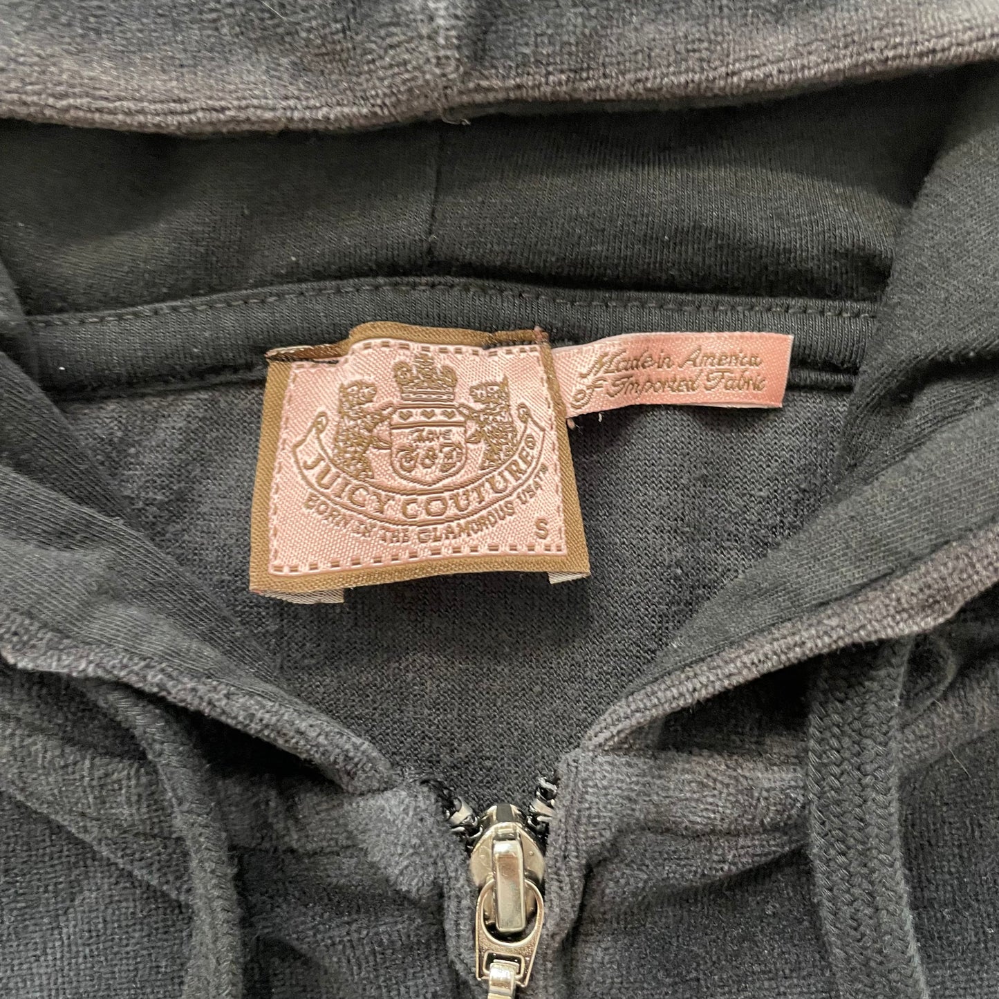 Vintage Juicy Couture Women Charcoal Grey Velour Zip-Up Hoodie Drawstring Size S