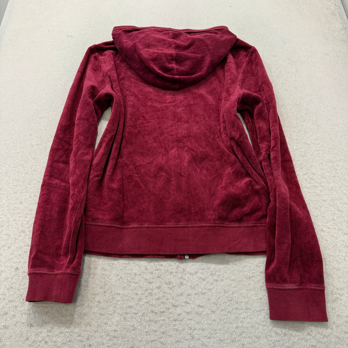 Juicy Couture Women's Red Velour Zip-Up Hoodie Pockets Loungewear Classic Size M