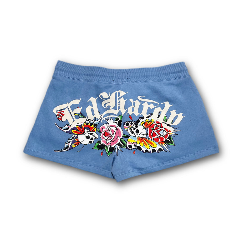 ED HARDY “Flower Skulls” BLUE BOOTY SHORTS