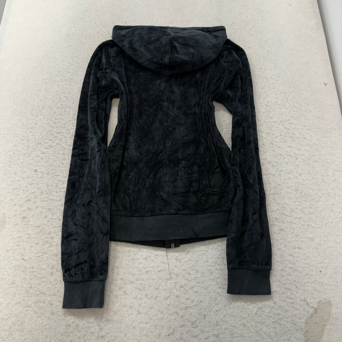 Juicy Couture Women Black Velour Zip-Up Hoodie Drawstring Pockets Classic Size M