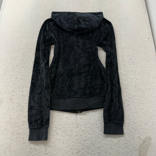 Juicy Couture Women Black Velour Zip-Up Hoodie Drawstring Pockets Classic Size M