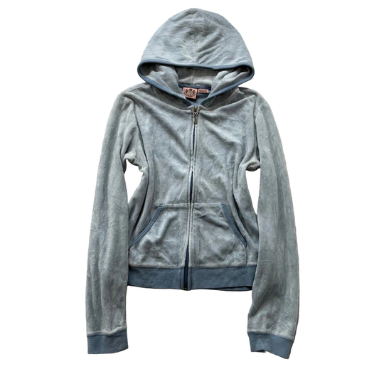 Vintage Juicy Couture Women's Dusty Blue Velour Zip Up Hoodie Pockets Size L