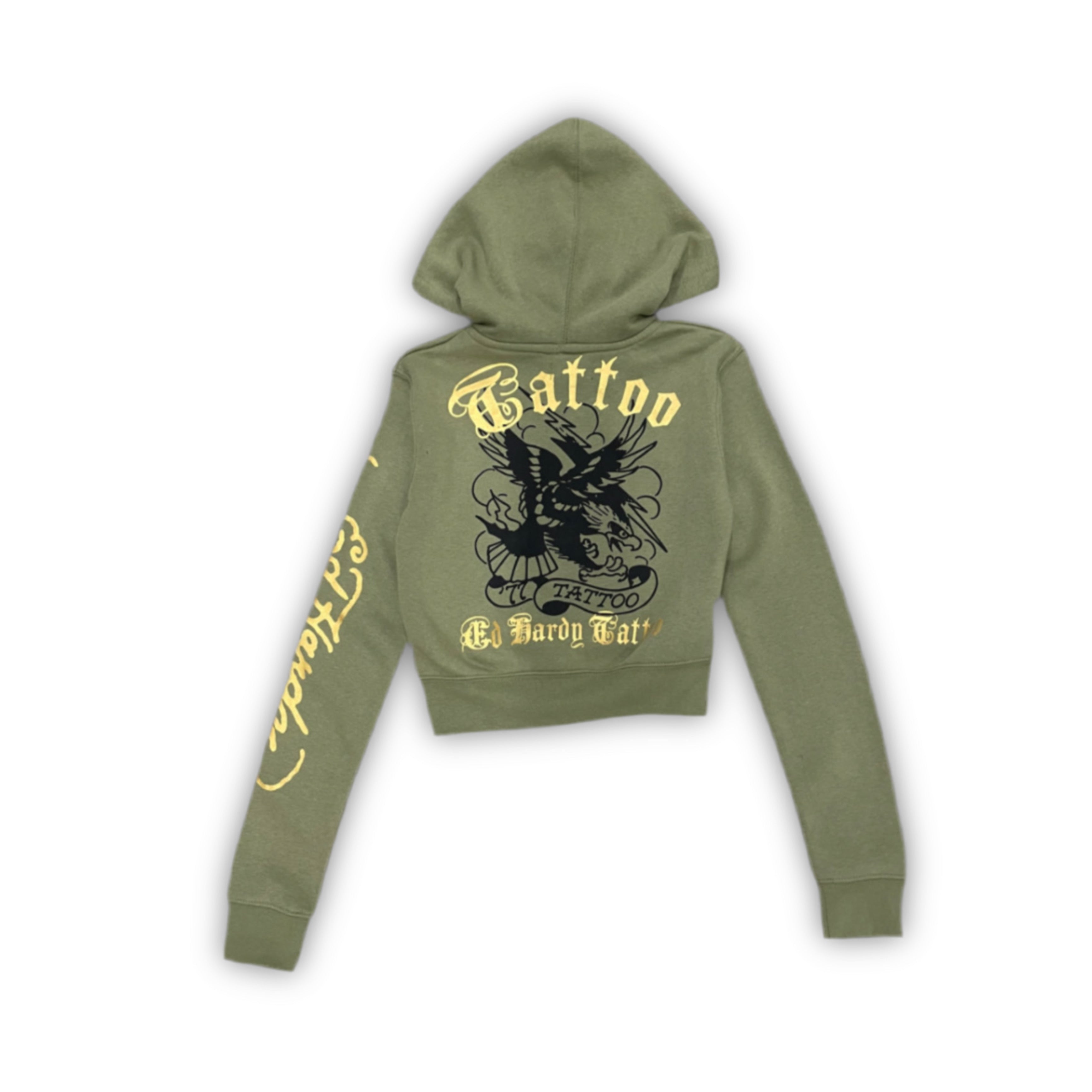 ED HARDY “Broke Hearts” SAGE CROPPED ZIP UP HOODIE