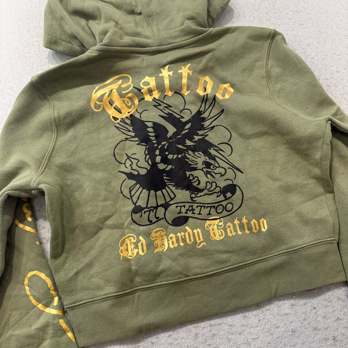 Ed Hardy Broken Hearts Cropped Zip Up Hoodie Olive Size S photo 6