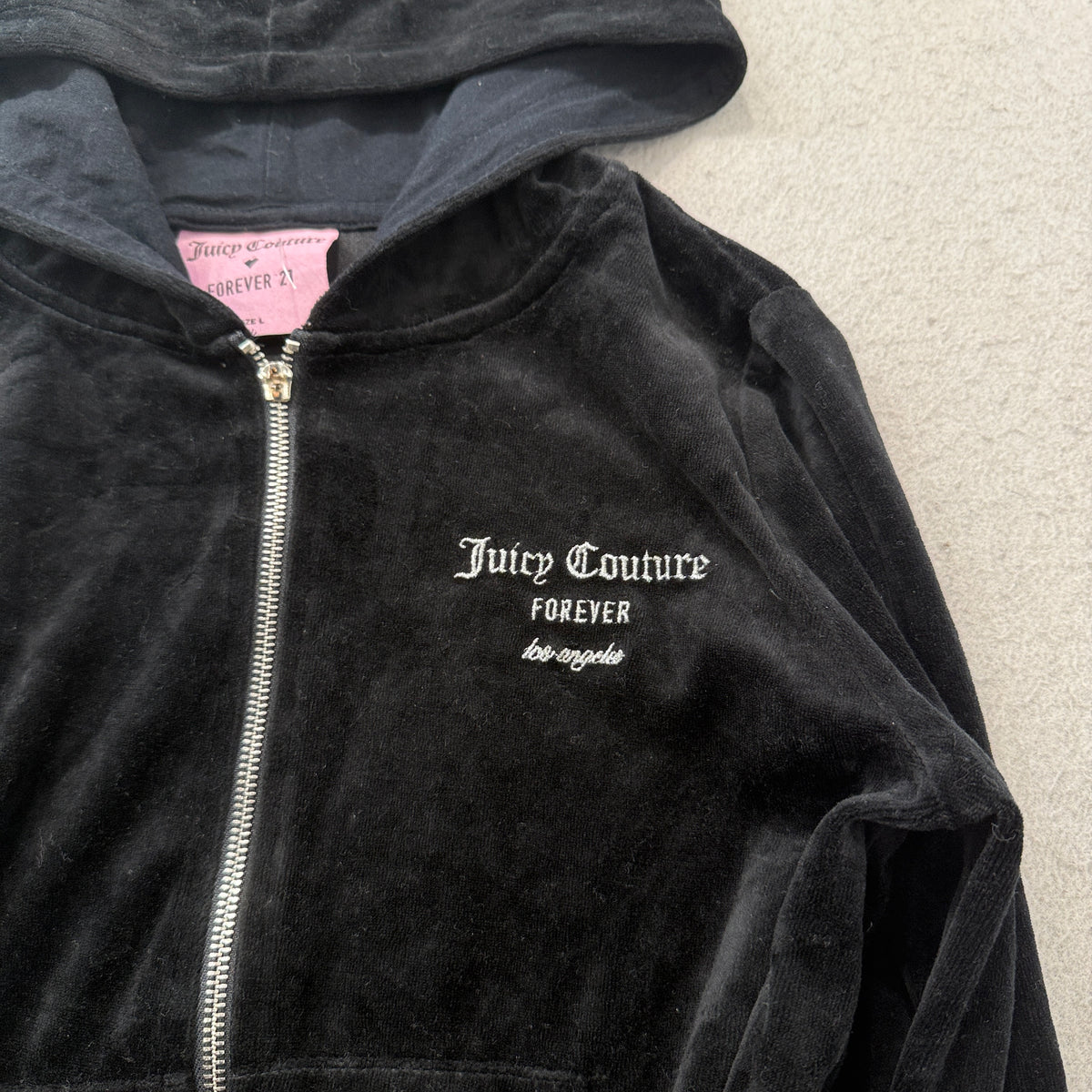 Juicy Couture Forever 21 Women's Black Velour Zip Up Hoodie Rhinestones Size L