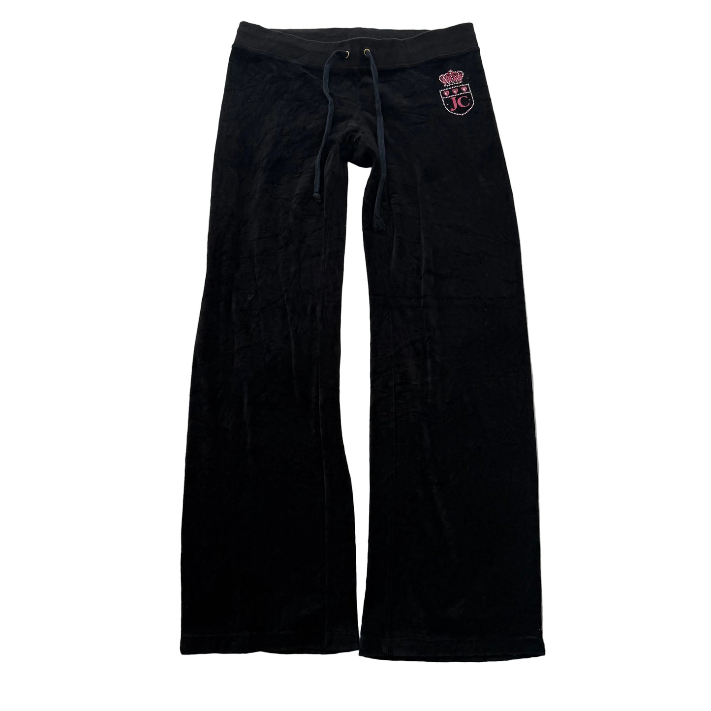 Juicy Couture Women Black Velour Flared Track Pant Rhinestones Crown Logo Size M