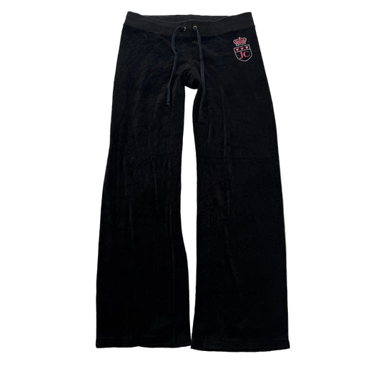 Juicy Couture Women Black Velour Flared Track Pant Rhinestones Crown Logo Size M