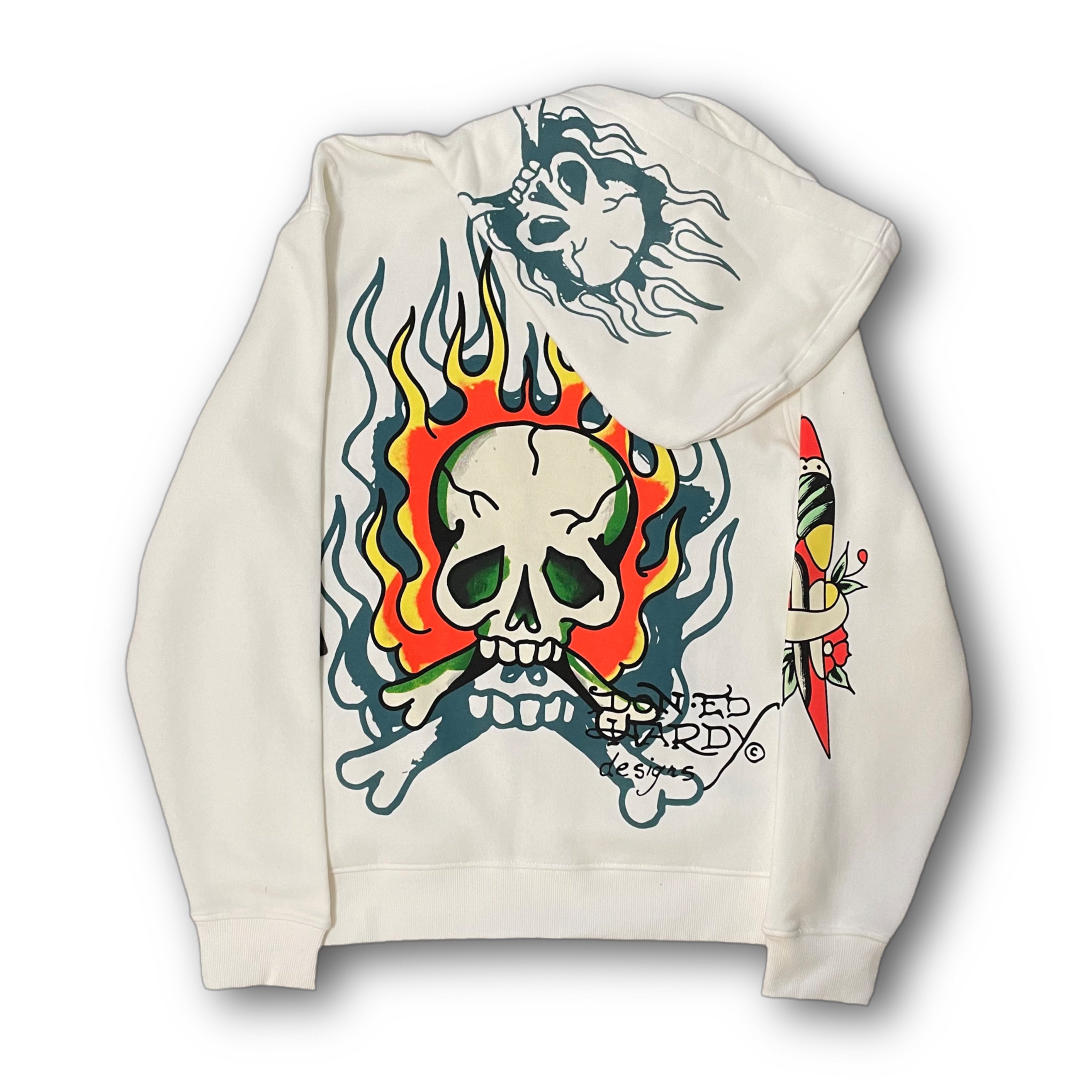 ED HARDY “flaming skull” WHITE ZIP UP HOODIE