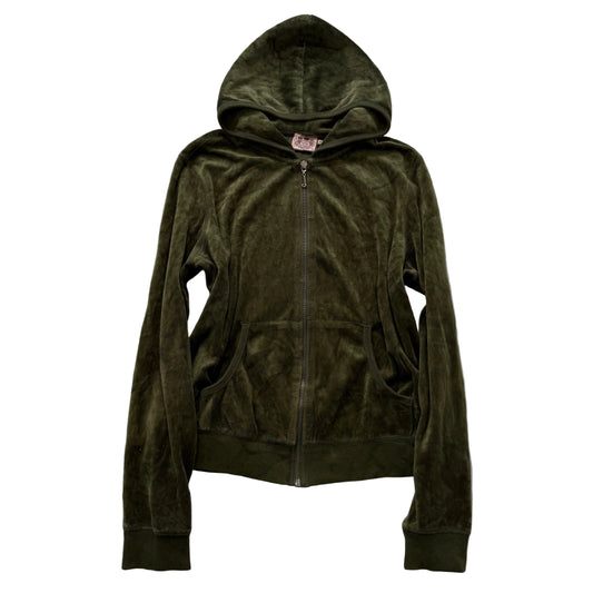 Juicy Couture Women's Olive Green Velour Zip Up Hoodie Loungewear Y2K Size XL