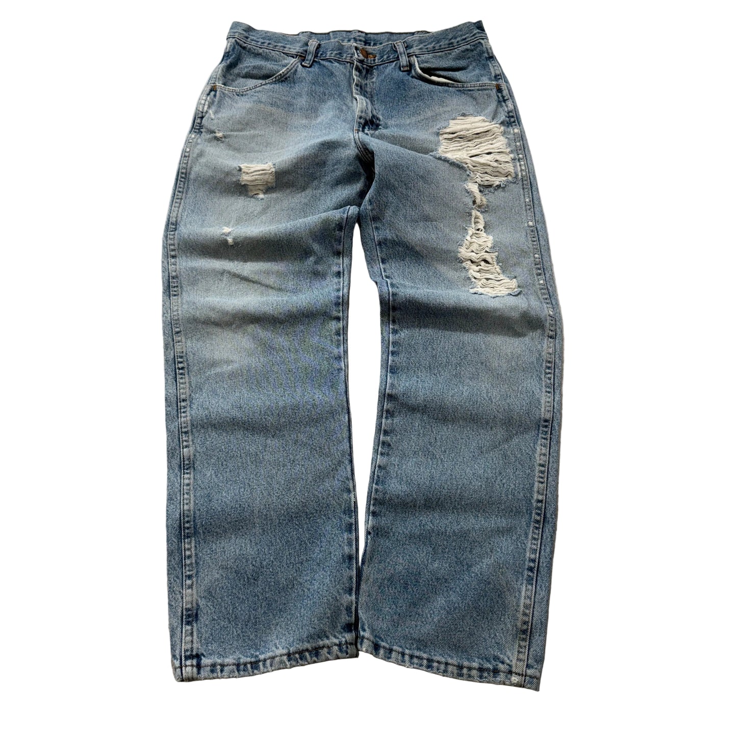 Rustler Men's Blue Denim Jeans Distressed Zip-Fly Pockets Classic Size 34x30