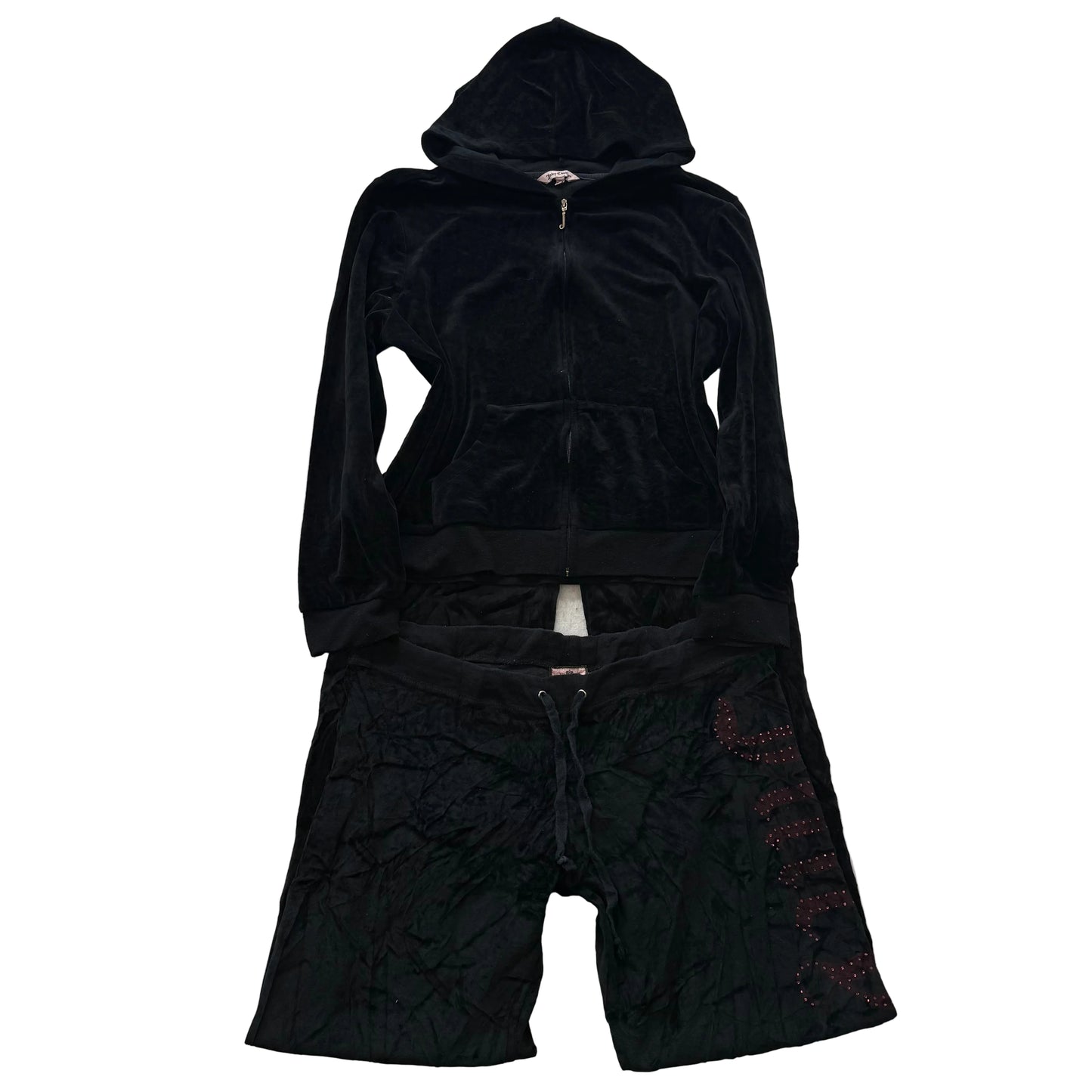 Juicy Couture Jet Black Velour Tracksuit Set Zip Up Hoodie & Flared Pant Size XL