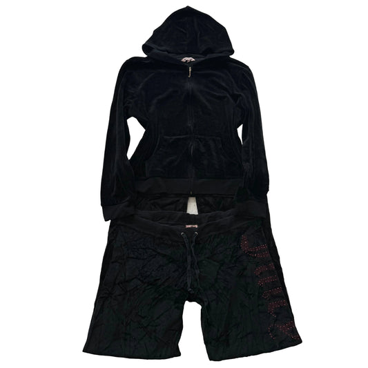Juicy Couture Jet Black Velour Tracksuit Set Zip Up Hoodie & Flared Pant Size XL