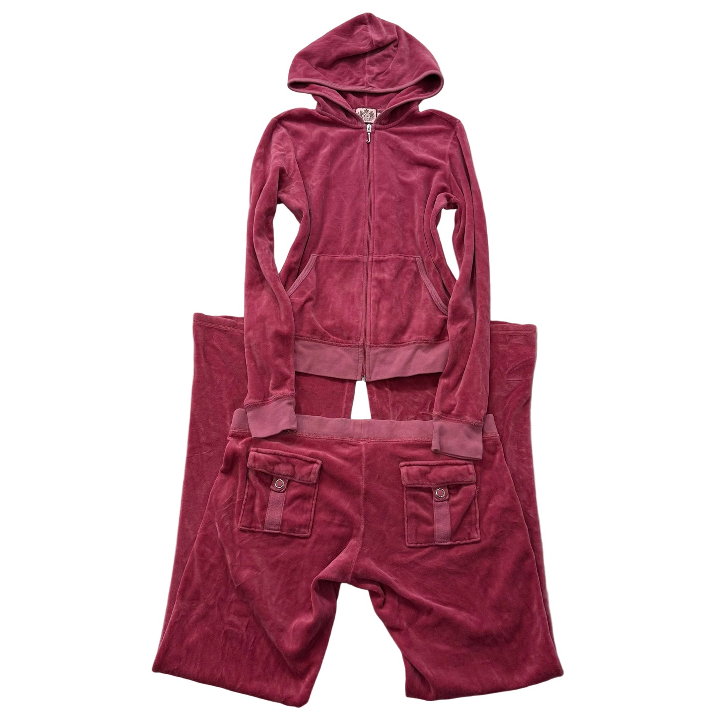 Juicy Couture Deep Rose Velour Tracksuit Set Zip Up Hoodie & Flared Pant Size M