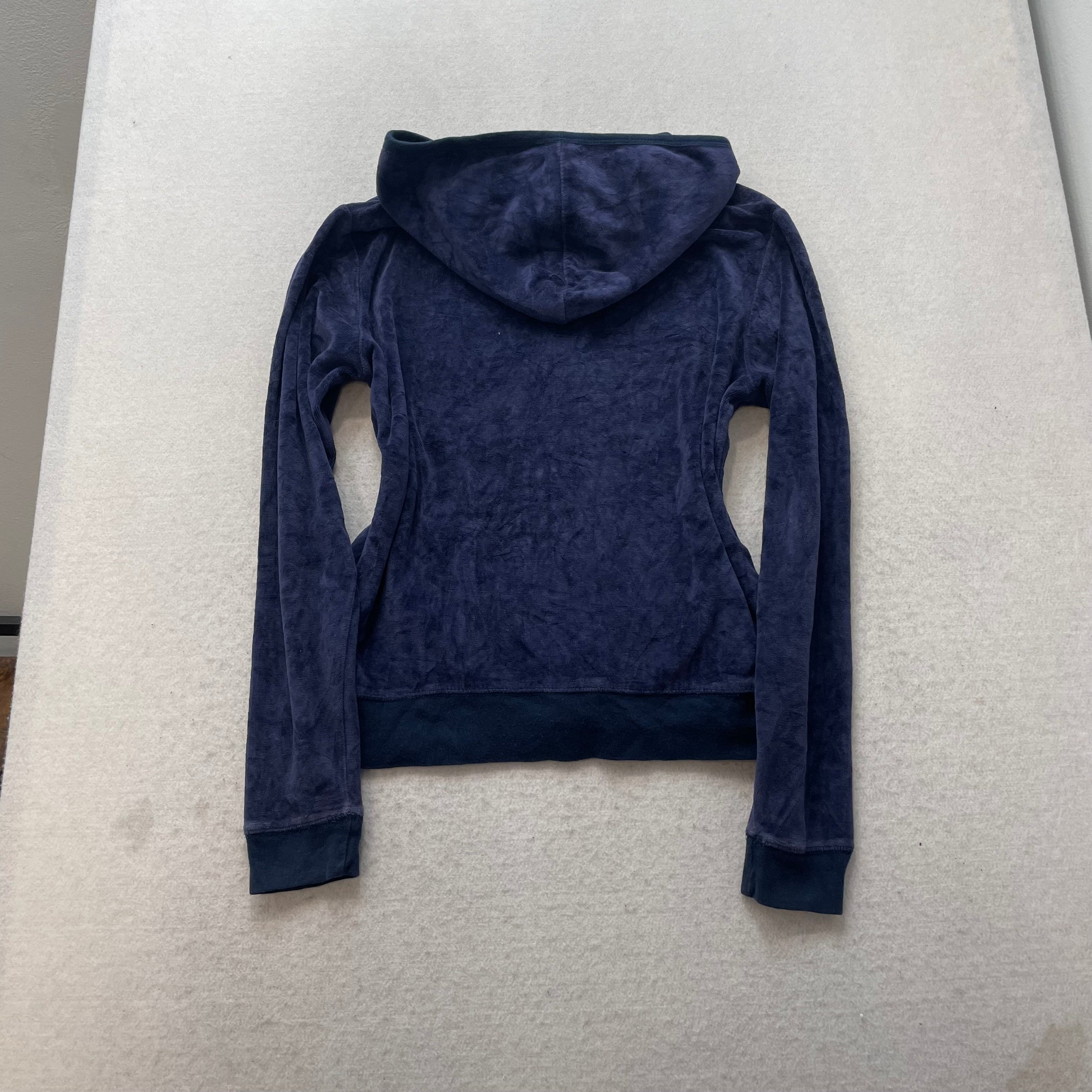Juicy Couture Women's Navy Velour Zip-Up Hoodie Drawstring Pockets Y2K Size XL