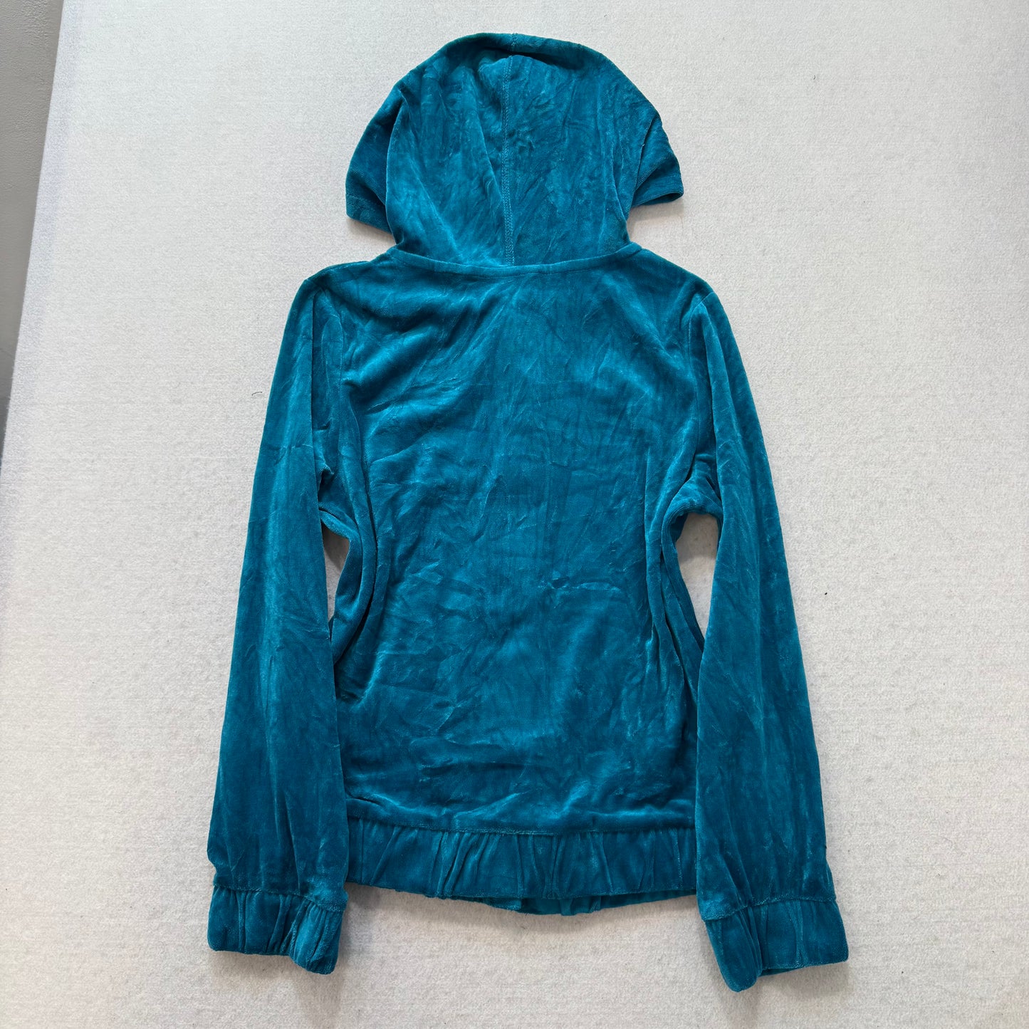 Juicy Couture Women's Turquoise Blue Velour Zip Up Hoodie Ruched Hem Logo Size L