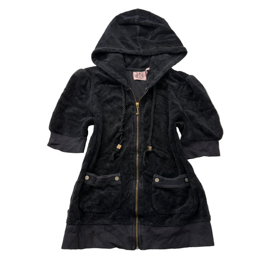 Juicy Couture Women's Black Terry Cloth Half Sleeve Zip-Up Hoodie Pockets Size M