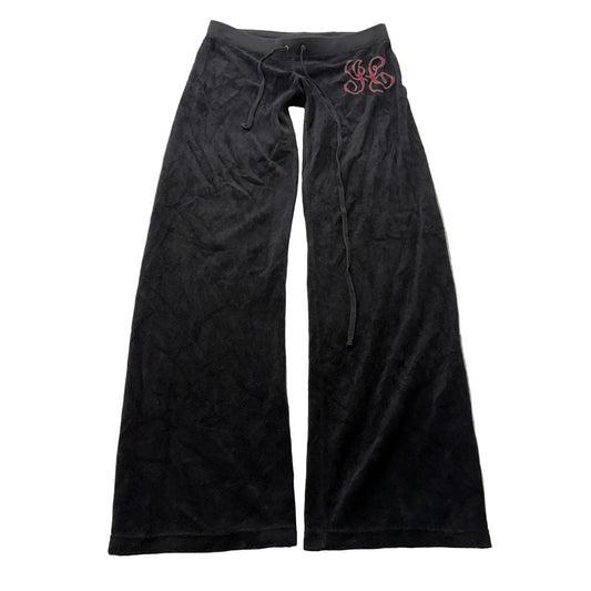 Vintage Juicy Couture Women Black Terry Cloth Track Pant Wide Leg Drawstring - S