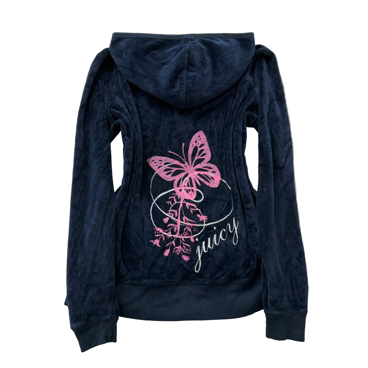 Juicy Couture Women's Navy Blue Velour Zip-Up Hoodie Butterfly Print Size XL
