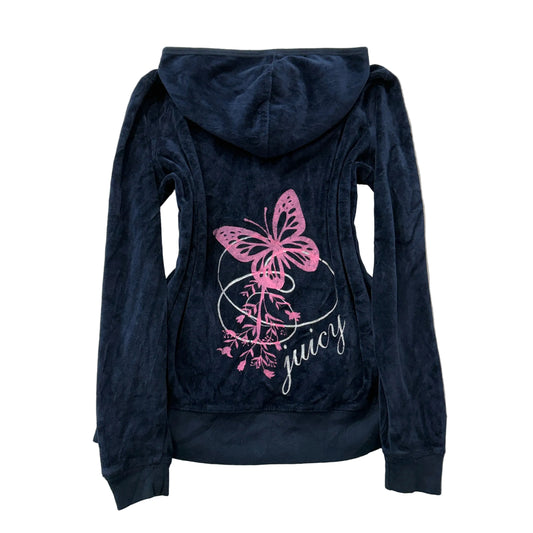 Juicy Couture Women's Navy Blue Velour Zip-Up Hoodie Butterfly Print Size XL
