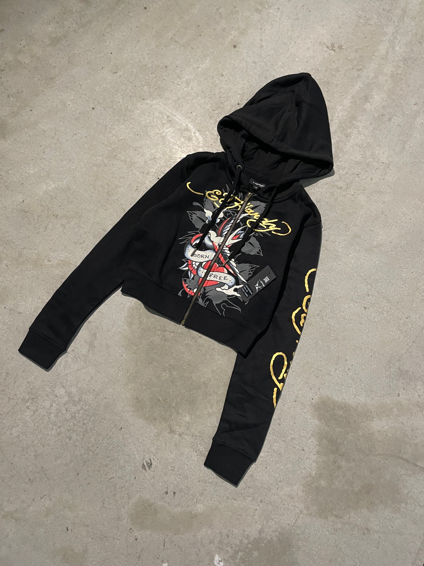 ED HARDY “SWALLOW” BLACK CROPPED ZIP UP HOODIE