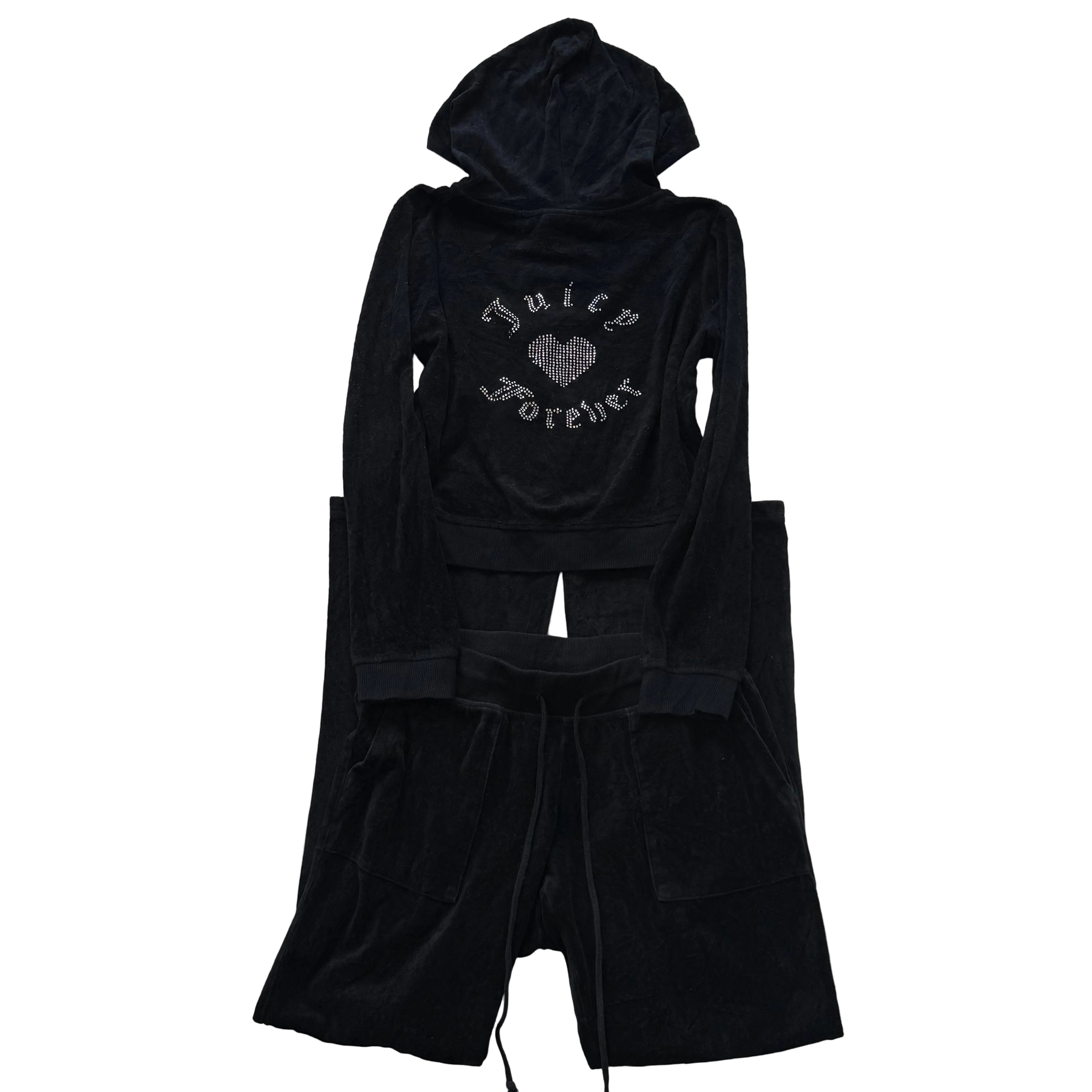 Juicy Couture Black Velour Tracksuit Set Zip Up Hoodie & Flared Pant Logo Size L