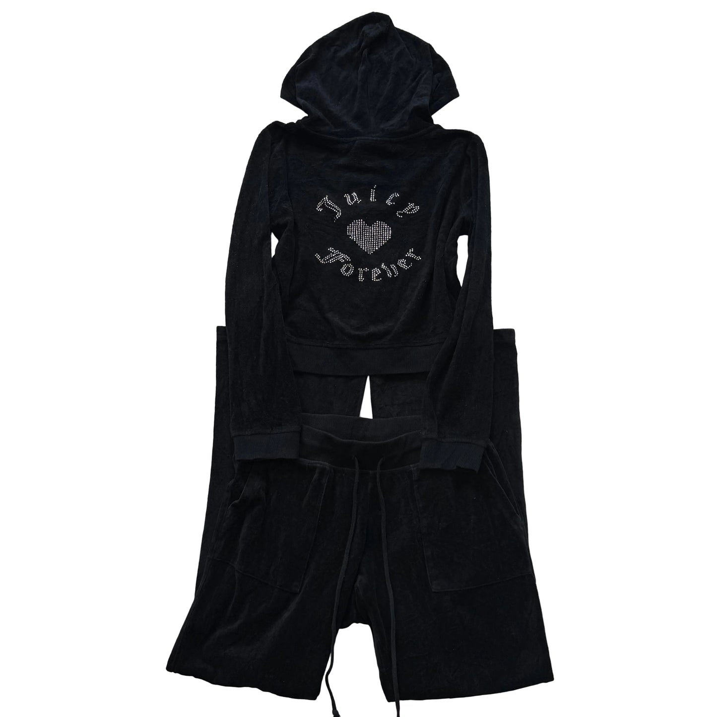 Juicy Couture Black Velour Tracksuit Set Zip Up Hoodie & Flared Pant Logo Size L