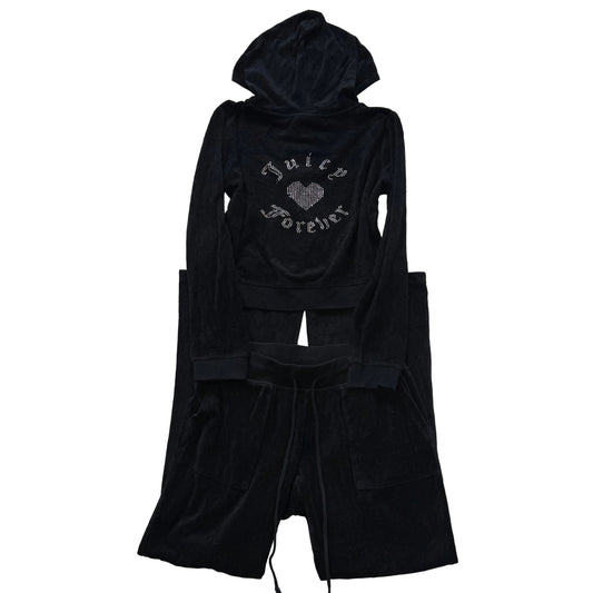 Juicy Couture Black Velour Tracksuit Set Zip Up Hoodie & Flared Pant Logo Size L